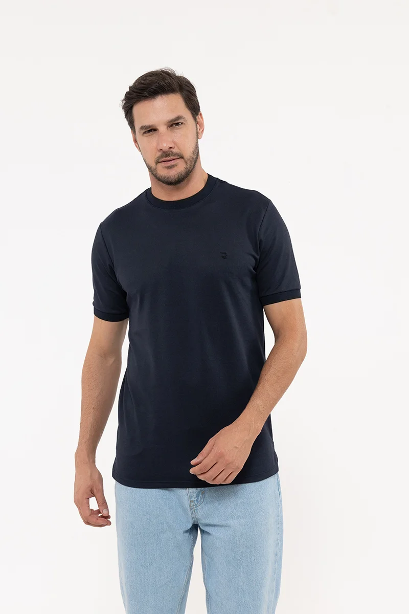 Camiseta Masculina Piquet Binado c/ Gola e Manga Jacquard- Marinho